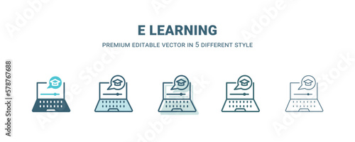 e learning icon in 5 different style. Outline, filled, two color, thin e learning icon isolated on white background. Editable vector can be used web and mobile