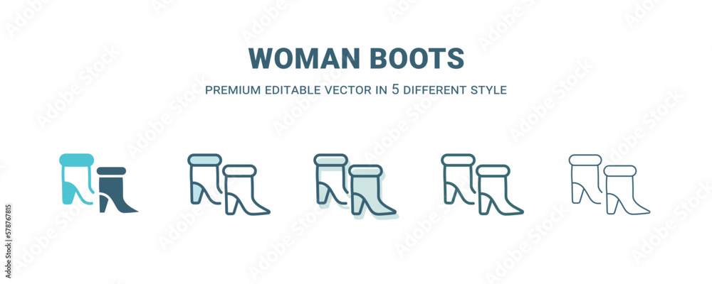 woman boots icon in 5 different style. Outline, filled, two color, thin woman boots icon isolated on white background. Editable vector can be used web and mobile