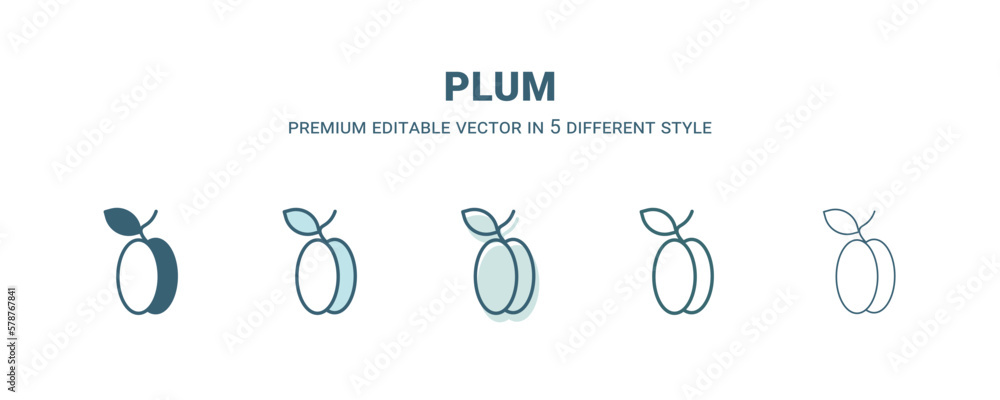 plum icon in 5 different style. Outline, filled, two color, thin plum icon isolated on white background. Editable vector can be used web and mobile plum icon in 5 different style. Outline, filled, two color, thin plum icon isolated on white background. Editable vector can be used web and mobile