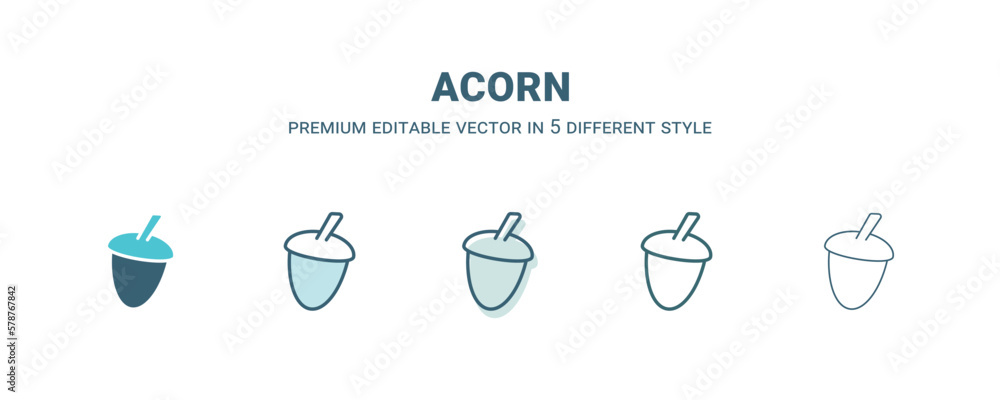 acorn icon in 5 different style. Outline, filled, two color, thin acorn icon isolated on white background. Editable vector can be used web and mobile acorn icon in 5 different style. Outline, filled, two color, thin acorn icon isolated on white background. Editable vector can be used web and mobile