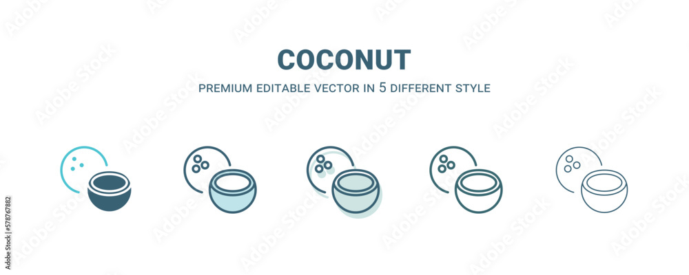 coconut icon in 5 different style. Outline, filled, two color, thin coconut icon isolated on white background. Editable vector can be used web and mobile coconut icon in 5 different style. Outline, filled, two color, thin coconut icon isolated on white background. Editable vector can be used web and mobile