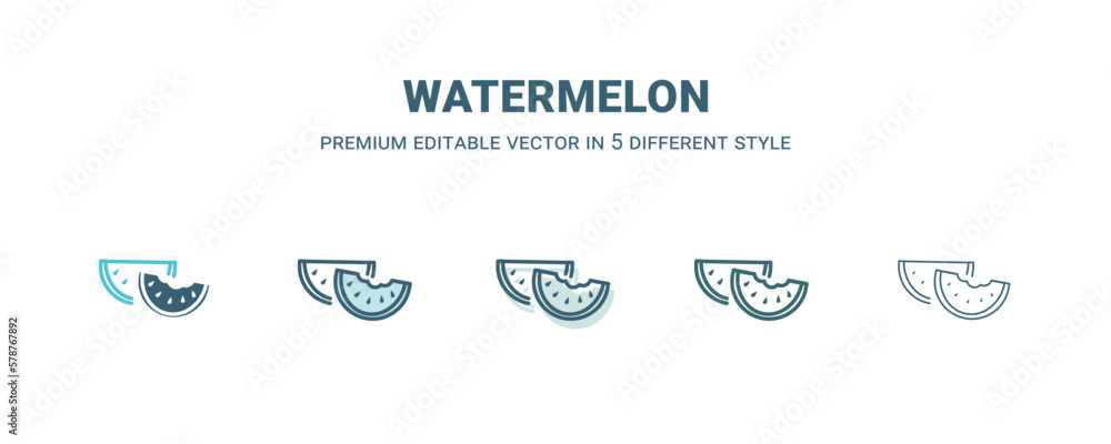 watermelon icon in 5 different style. Outline, filled, two color, thin watermelon icon isolated on white background. Editable vector can be used web and mobile