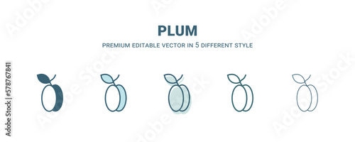 plum icon in 5 different style. Outline, filled, two color, thin plum icon isolated on white background. Editable vector can be used web and mobile