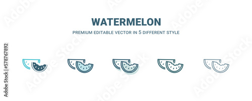 watermelon icon in 5 different style. Outline, filled, two color, thin watermelon icon isolated on white background. Editable vector can be used web and mobile