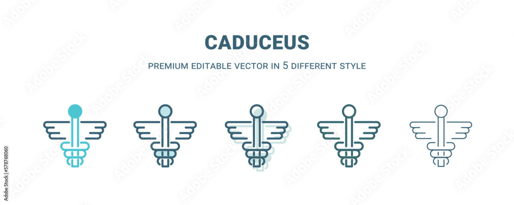 caduceus icon in 5 different style. Outline, filled, two color, thin caduceus icon isolated on white background. Editable vector can be used web and mobile