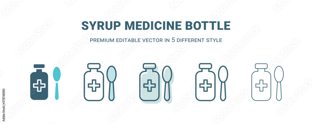 syrup medicine bottle icon in 5 different style. Outline, filled, two color, thin syrup medicine bottle icon isolated on white background. Editable vector can be used web and mobile syrup medicine bottle icon in 5 different style. Outline, filled, two color, thin syrup medicine bottle icon isolated on white background. Editable vector can be used web and mobile