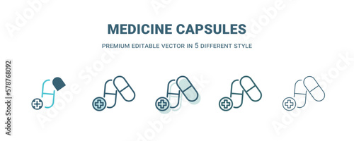 medicine capsules icon in 5 different style. Outline, filled, two color, thin medicine capsules icon isolated on white background. Editable vector can be used web and mobile