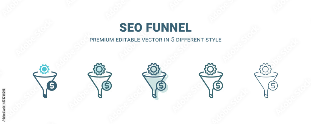 seo funnel icon in 5 different style. Outline, filled, two color, thin seo funnel icon isolated on white background. Editable vector can be used web and mobile seo funnel icon in 5 different style. Outline, filled, two color, thin seo funnel icon isolated on white background. Editable vector can be used web and mobile