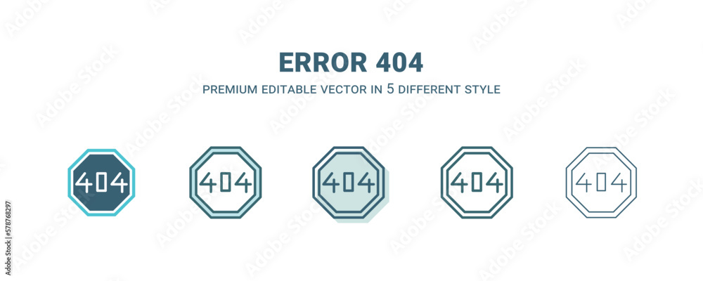 error 404 icon in 5 different style. Outline, filled, two color, thin error 404 icon isolated on white background. Editable vector can be used web and mobile error 404 icon in 5 different style. Outline, filled, two color, thin error 404 icon isolated on white background. Editable vector can be used web and mobile