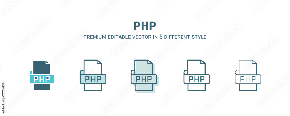 php icon in 5 different style. Outline, filled, two color, thin php icon isolated on white background. Editable vector can be used web and mobile