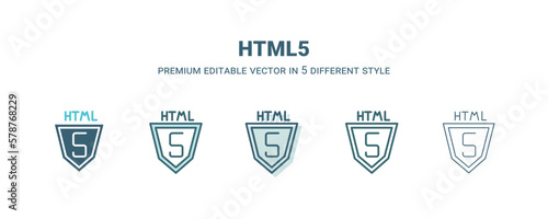 html5 icon in 5 different style. Outline, filled, two color, thin html5 icon isolated on white background. Editable vector can be used web and mobile