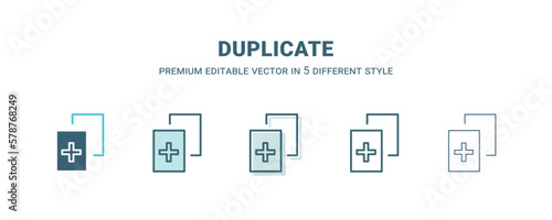 duplicate icon in 5 different style. Outline, filled, two color, thin duplicate icon isolated on white background. Editable vector can be used web and mobile