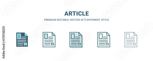 article icon in 5 different style. Outline, filled, two color, thin article icon isolated on white background. Editable vector can be used web and mobile