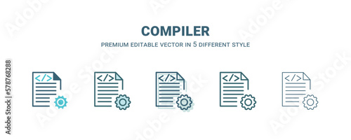 compiler icon in 5 different style. Outline, filled, two color, thin compiler icon isolated on white background. Editable vector can be used web and mobile