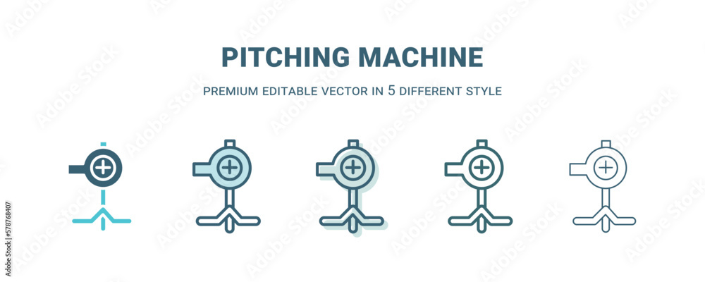 pitching machine icon in 5 different style. Outline, filled, two color, thin pitching machine icon isolated on white background. Editable vector can be used web and mobile