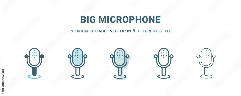 big microphone icon in 5 different style. Outline, filled, two color, thin big microphone icon isolated on white background. Editable vector can be used web and mobile big microphone icon in 5 different style. Outline, filled, two color, thin big microphone icon isolated on white background. Editable vector can be used web and mobile
