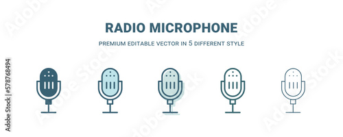 radio microphone icon in 5 different style. Outline, filled, two color, thin radio microphone icon isolated on white background. Editable vector can be used web and mobile
