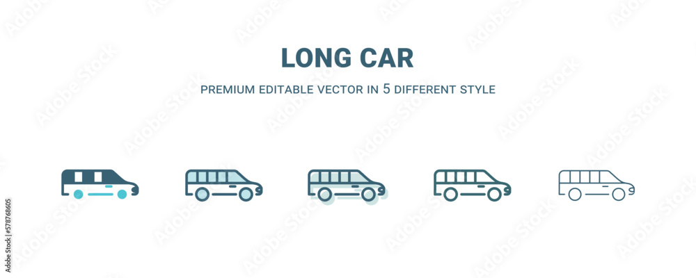 long car icon in 5 different style. Outline, filled, two color, thin long car icon isolated on white background. Editable vector can be used web and mobile