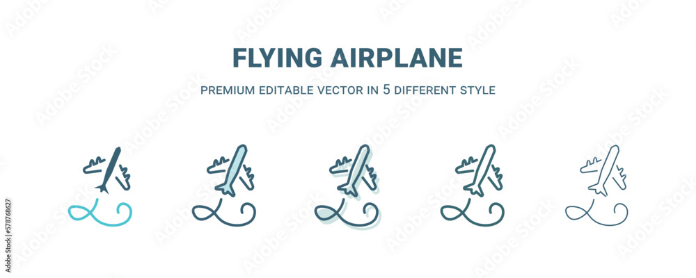 flying airplane icon in 5 different style. Outline, filled, two color, thin flying airplane icon isolated on white background. Editable vector can be used web and mobile