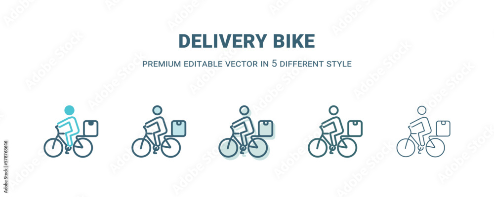 delivery bike icon in 5 different style. Outline, filled, two color, thin delivery bike icon isolated on white background. Editable vector can be used web and mobile delivery bike icon in 5 different style. Outline, filled, two color, thin delivery bike icon isolated on white background. Editable vector can be used web and mobile