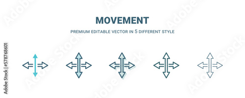 movement icon in 5 different style. Outline, filled, two color, thin movement icon isolated on white background. Editable vector can be used web and mobile