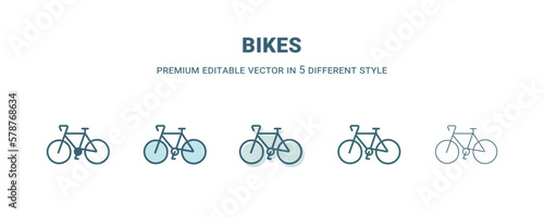 bikes icon in 5 different style. Outline  filled  two color  thin bikes icon isolated on white background. Editable vector can be used web and mobile