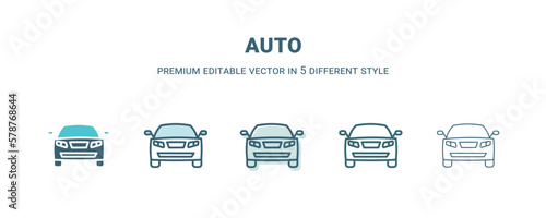 auto icon in 5 different style. Outline, filled, two color, thin auto icon isolated on white background. Editable vector can be used web and mobile