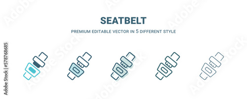 seatbelt icon in 5 different style. Outline, filled, two color, thin seatbelt icon isolated on white background. Editable vector can be used web and mobile