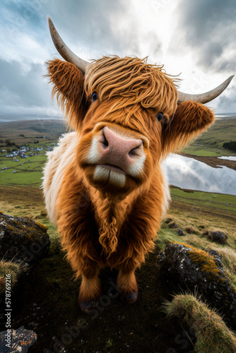 Selfie of a cute Highland Cow on a mountain. Generative Ai.