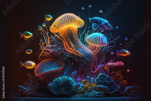 Abstract Jellyfish Coral Reef - Vibrant Neon Colors - Generative Ai Illustration 