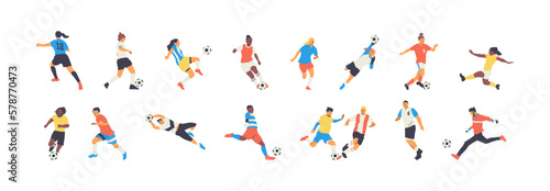 Diverse soccer player people team set. Colorful retro style athlete group playing football game on isolated background. Men and women footballer character collection, sport illustration. 