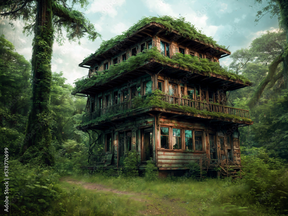 Obraz premium Old with plants overgrown ruins in the dense forest. Generative AI