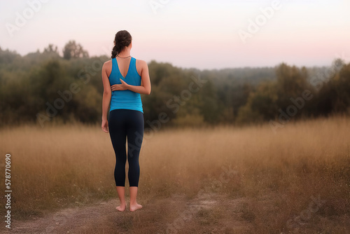 Slender, healthy, athletic girl enjoys a beautiful view after a workout, view from the back. Generative AI.