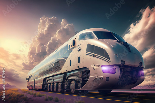 Modern means of transport of the future. Travel in various modes of transportation by car  plane  ship and train with the technological vehicles of the future  anywhere in the world. AI generated.
