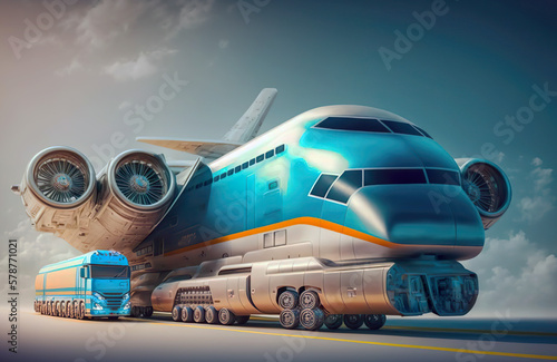 Modern means of transport of the future. Travel in various modes of transportation by car, plane, ship and train with the technological vehicles of the future, anywhere in the world. AI generated.