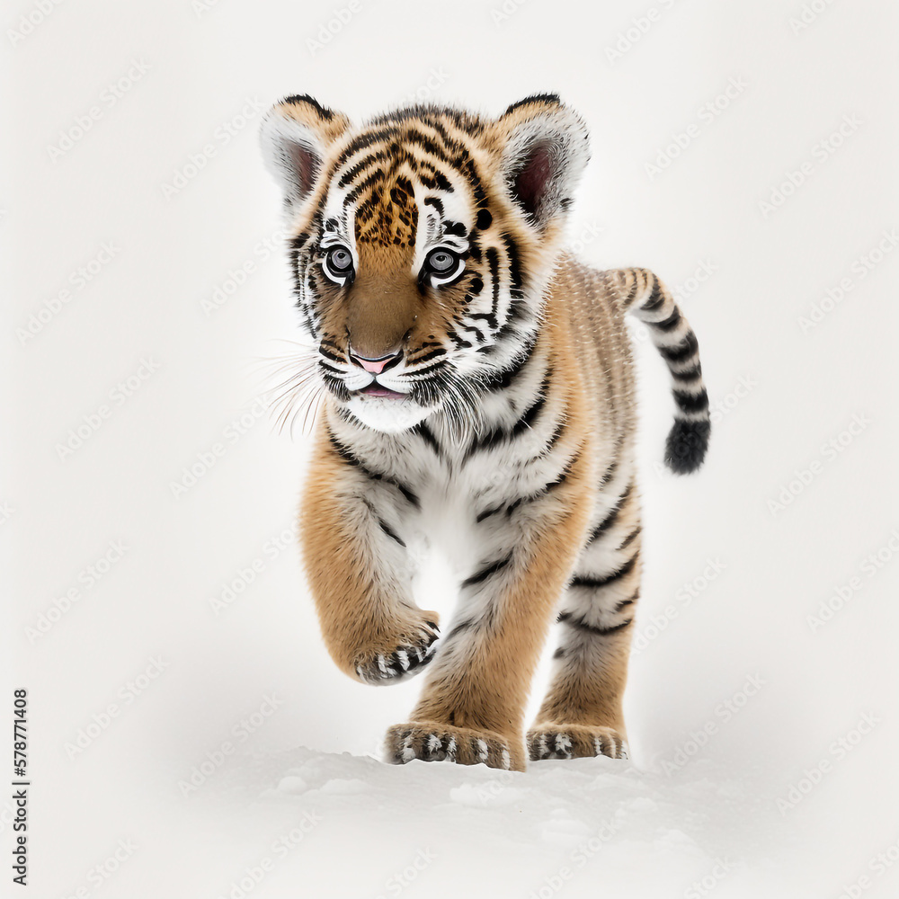 Tiger Cub Walking in Snow created with Generative AI Technology Tiger Cub Walking in Snow created with Generative AI Technology
