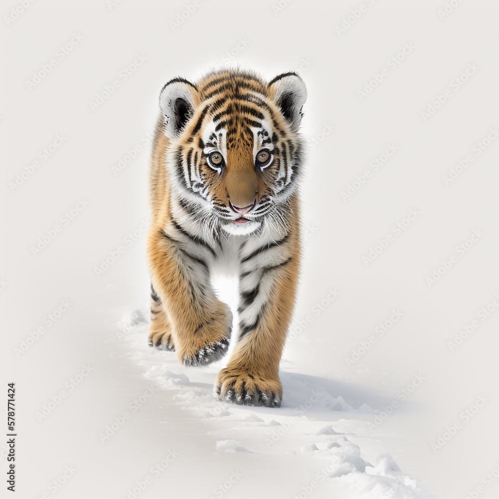 Obraz premium Tiger Cub Walking in Snow created with Generative AI Technology
