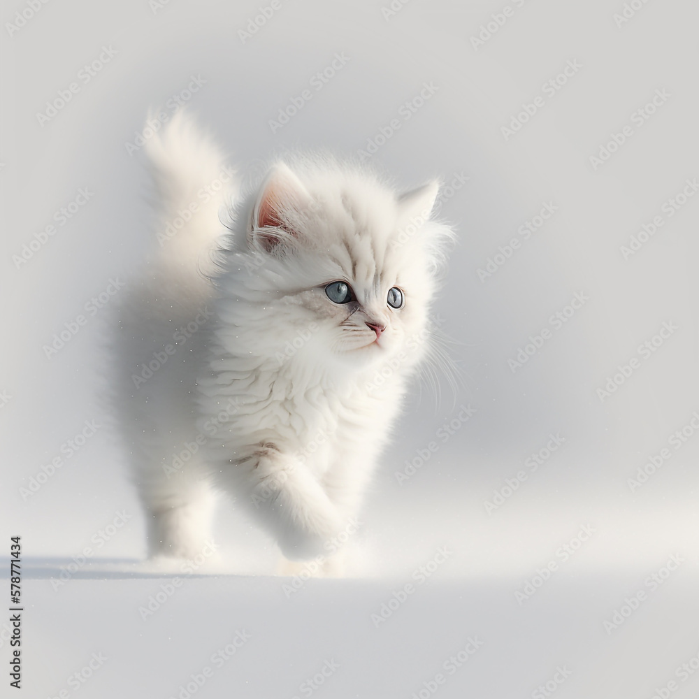 Adorable White Kitten Walking in Snow created with Generative AI Technology