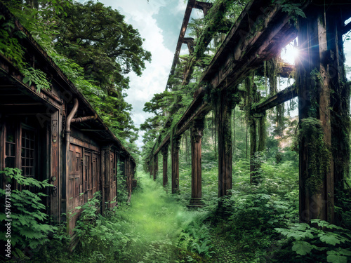 With plants overgrown ruins of a old house in the woods. Generative AI © Kai Köpke