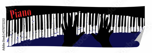 Hands are seen playing a grunge vintage piano from above in a vector illustration about piano music, jazz and concerts.