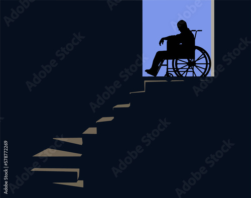 A man in a wheelchair is seen at the top of a stairway he cannot use in a vector illustration about handicapped accessibility.