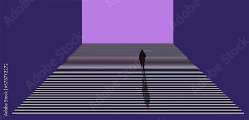 A lone man climbs a huge stairway going toward an open door at the top in a vector illustration about moving upward in life.