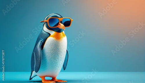 cool penguins face with sunglasses, empty copy space for text, pastel blue studio background. Generative AI.