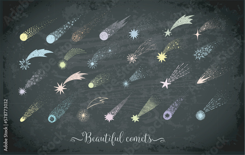 Collection of doodle comets, meteorites and shooting stars on blackboard background. Vector sketch illustration.