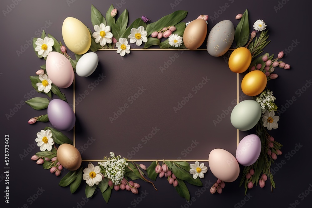 Easter Background with Easter eggs and flowers .Generative AI