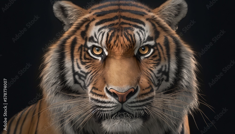  a close up of a tiger's face with a black background.  generative ai