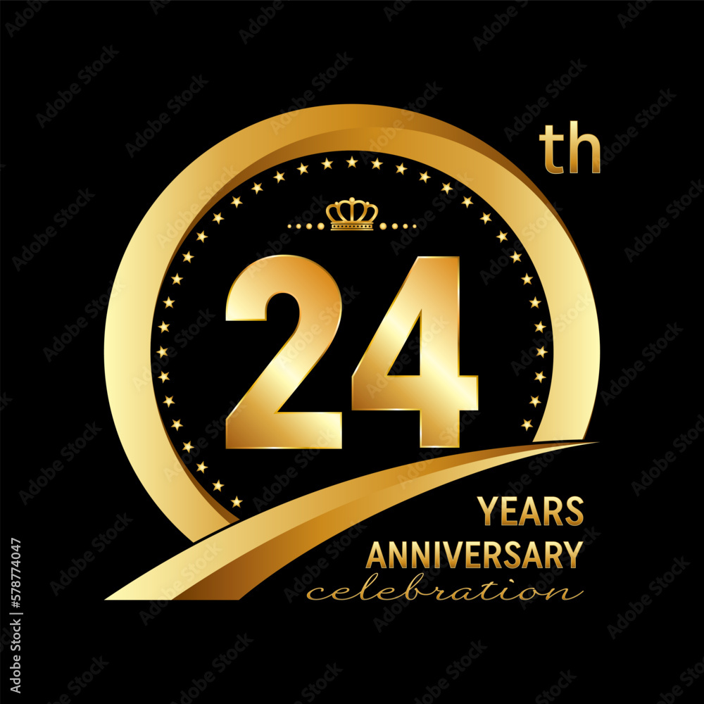 24th Anniversary logo design with golden ring for anniversary celebration event, invitation, wedding, greeting card, banner, poster, flyer, brochure. Logo Vector Template 24th Anniversary logo design with golden ring for anniversary celebration event, invitation, wedding, greeting card, banner, poster, flyer, brochure. Logo Vector Template