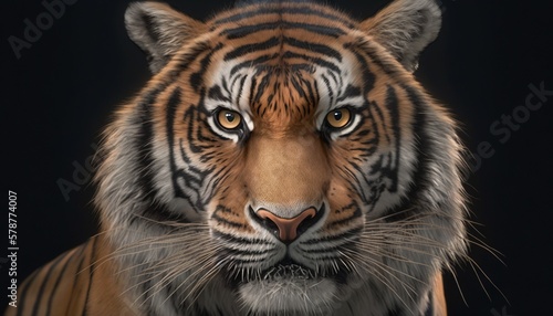  a close up of a tiger s face with a black background.  generative ai