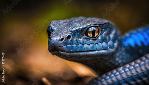  a close up of a blue snake s head and eyes.  generative ai