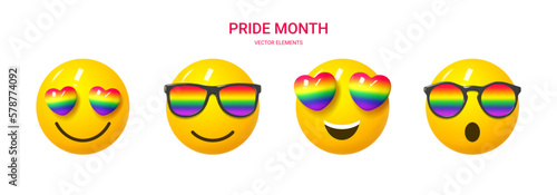 Set of cute smiles for Pride Month. Collection of 3d funny smiles emoji with rainbow sunglasses and eyes for design of LGBTQ events. Human rights and tolerance concept. Vector illustration.